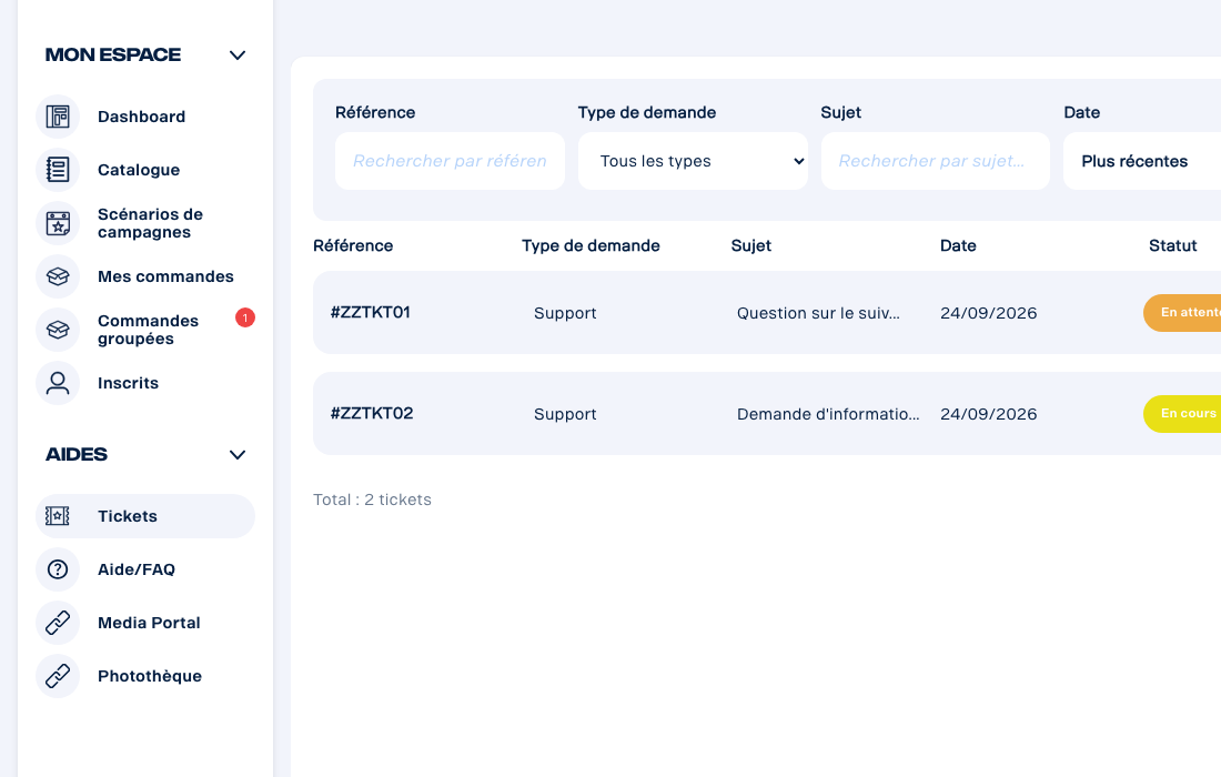 Liste de tickets avec différents états